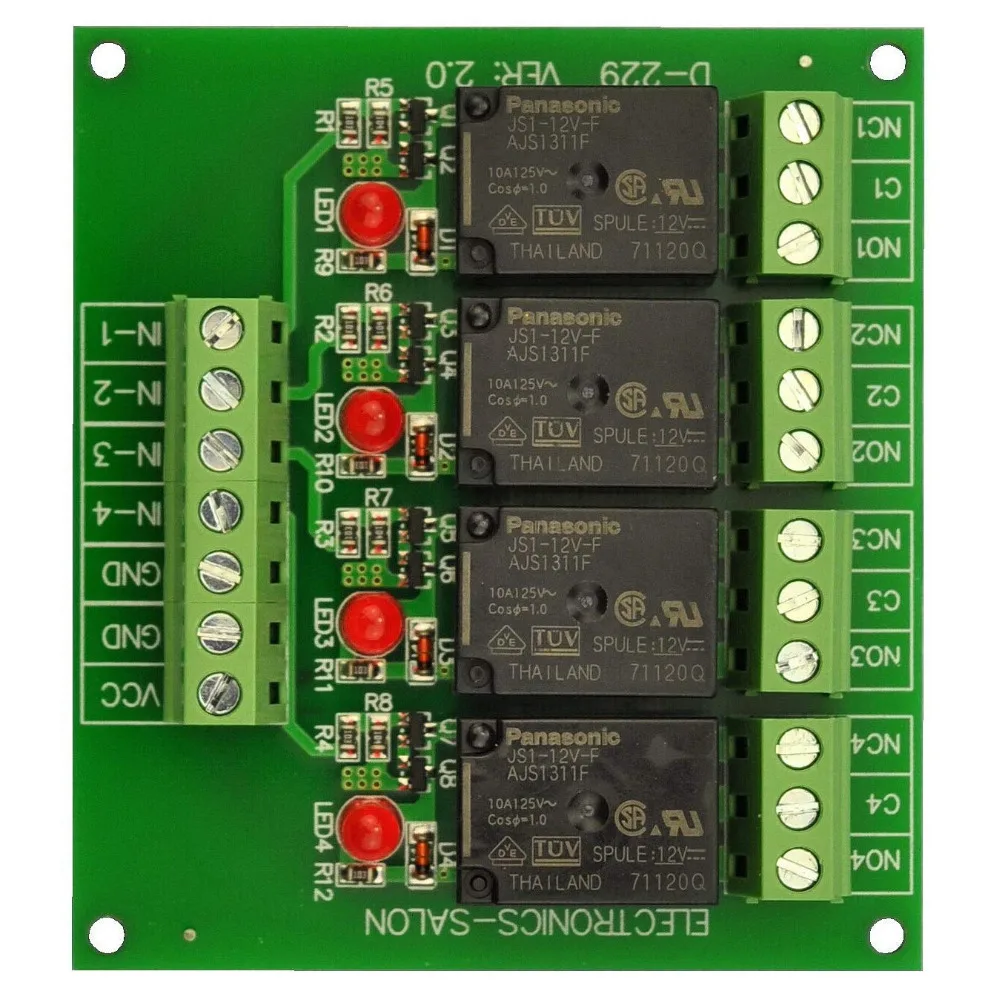 

Electronics-Salon 4 SPDT 10Amp Power Relay Module, DC 12V Version.