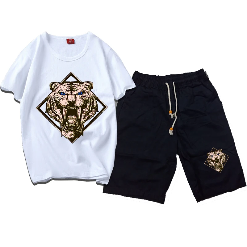 

Men Summer Casual Sport Embroidery Boxing Dog White T Shirt Top Tee Suit Sets Black Pants Leopard