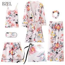 BZEL, сексуальный халат, наборы, Женский хлопковый Халат, 7 шт., костюм, халат, новая осенняя одежда для сна с цветочным рисунком, пижама-кимоно, Mujer, Пижама, Femme, M-XL