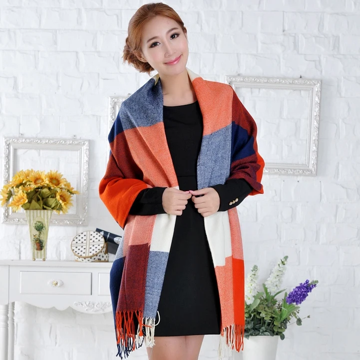 All-match ultra long cotton scarf air conditioning dual plaid yarn cape |