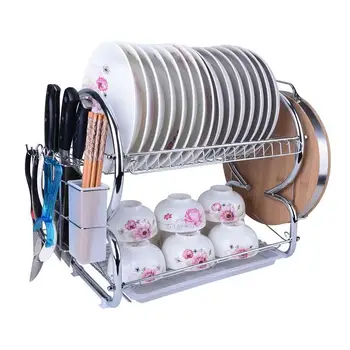 

Kitchen Tableware Drain Tray Dish Rack Double-layer Stainless Material Dish Storage Shelf Drainer