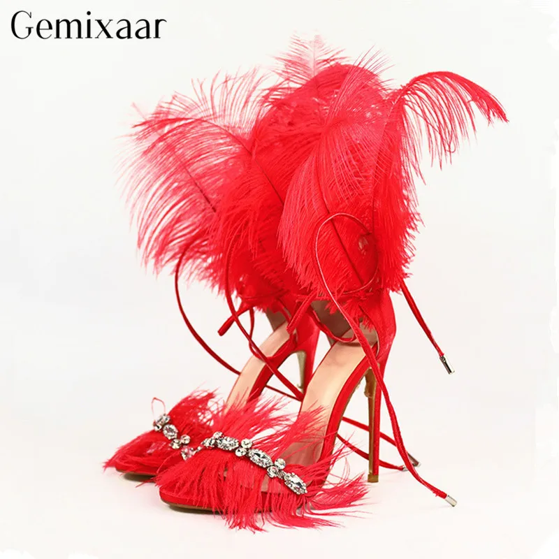 

New Arrival Novelty Woman Shoes Open Toe Clear Diamond Sandalia Feminina Sexy Multicolor Feather Stiletto Heels Sandals Women