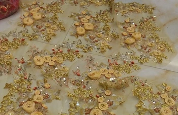 

Gold 3D African Lace Fabric High Quality Net Lace,French Voile Guipure tulle mesh Lace Fabric with stones for wedding dresses