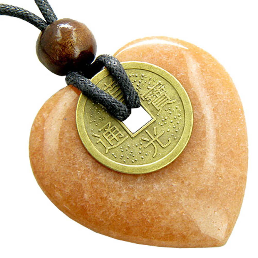Heart Money Amulet Lucky Coin in Orange Quartz Stone Pendant Necklace