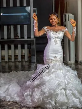 

Sexy Cascading Ruffles Mermaid Wedding Dresses 2019 Plus Size Long Sleeves Vintage Lace Beaded Cathedral Train Vestido De Novia