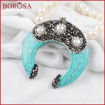 

BOROSA 5 pcs Druzy Jewelry Howlite Greenish Sky Blue Stone Carved Crescent Horn With Three Pearl Pendant Paved Zircon JAB320