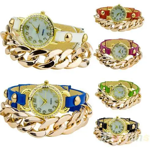 Womens Punk Style Multicolor Gold Plated leather Rhinestone Band Acrylic Chain Bracelet Dress Watch 03IG | Тематическая одежда и