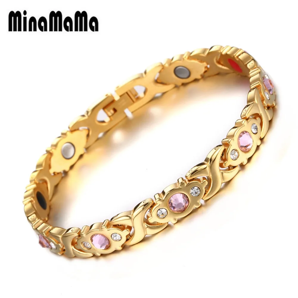 Золотой цвет 316L Нержавеющая Сталь лечение артрита магнитные браслеты для женщин Германий ионное Здоровье Уход Стразы браслет