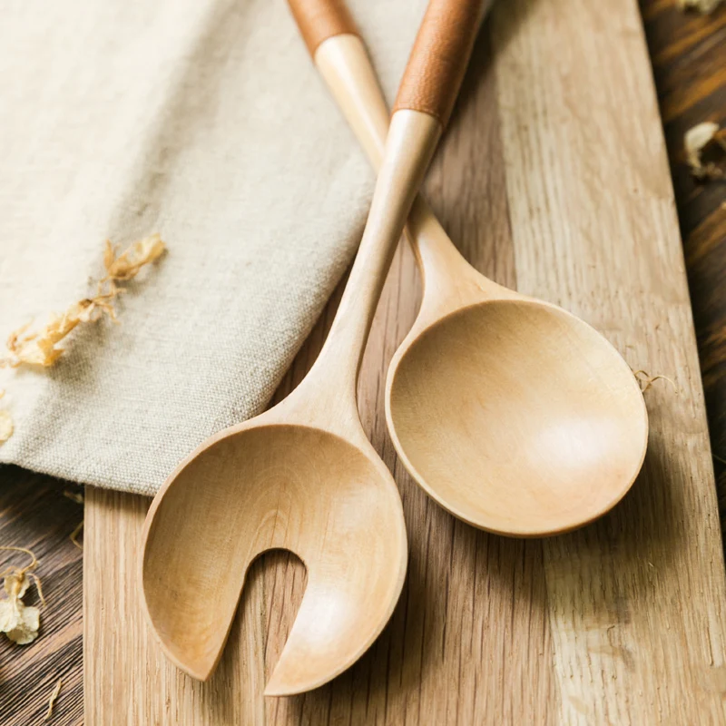 Hand-made Wooden Dinnerware Set Long Handle Scoop Salad Fork Kitchen Utensils (4)