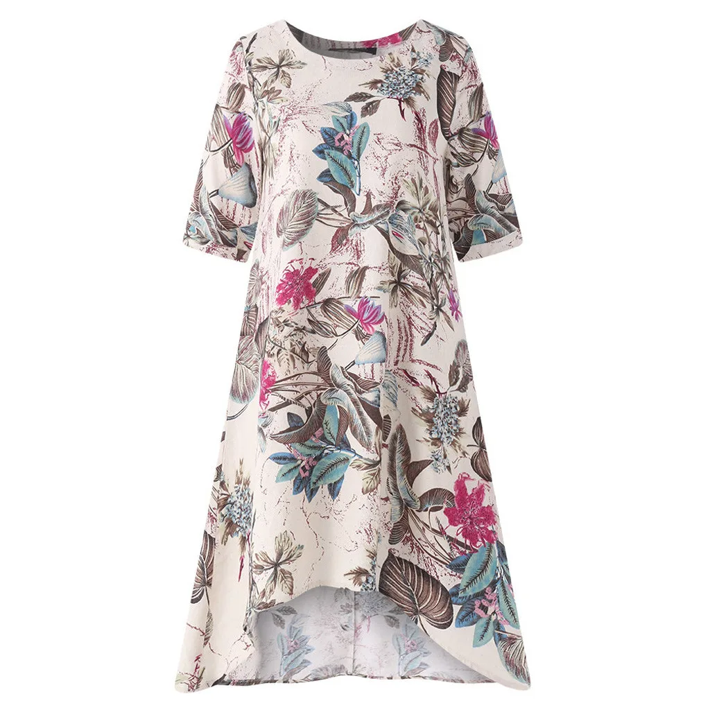 

Womens printing Dress O-Neck Casual Floral Printed Short Sleeve Irregularity Vintage Dress Wiosenna sukienka damska vestido #s7
