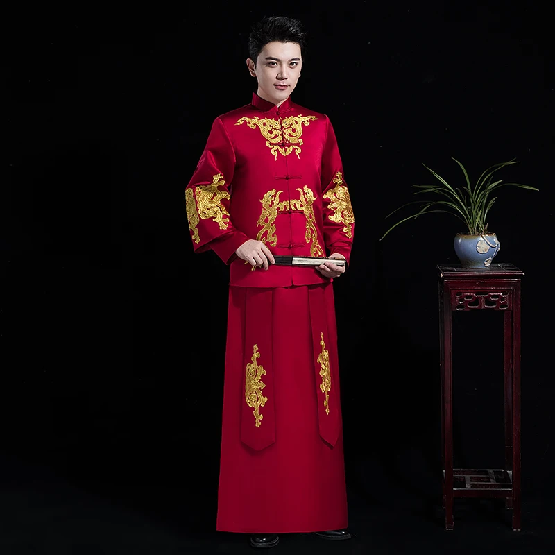 Традиционный красный китайский свадебная одежда Винтаж Жених Cheongsam Мужской hanfu вышивка Восточный Стенд воротник Тан костюм наборы