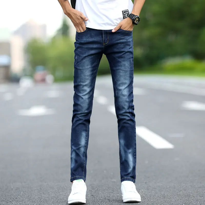Лидер продаж Для мужчин's джинсы поцарапанные Slim Fit Для мужчин джинсы брюки стрейч синие брюки высокое качество