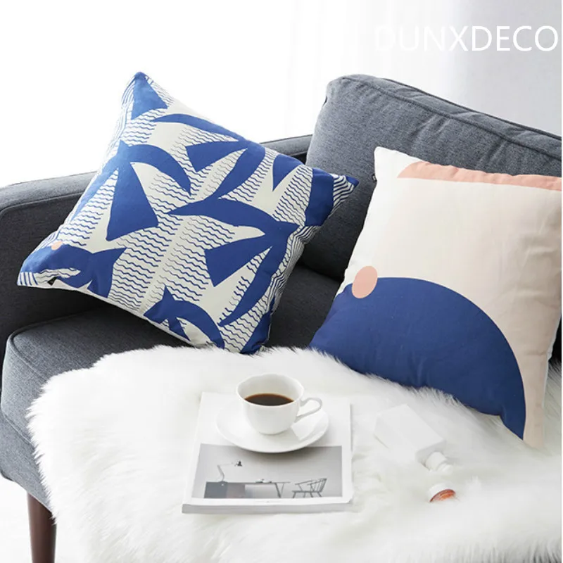 

DUNXDECO Cushion Cover Cotton Pillow Case Modern Art Geometric Free Flying Birds Blue Pink Sofa Decorative Housse de coussin