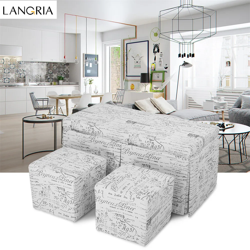 

LANGRIA 3-Piece French Script Patterned Fabric Storage Bench and Cube Ottoman Set Footrest Stool Seat, Beige