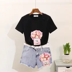 Европейский Джинсовый комплект с шортами, женский костюм из двух предметов, лето 2019, новая футболка с цветочным принтом и блестками и