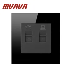 Free Shipping, Mvava Luxury Wall Socket Panel, TEL & PC Socket, Black crystal glass, Power Electrical Outlet, Plug, 110~250V manufacture livolo white crystal glass panel 2 gangs wall tv and tel socket outlet vl c7 1vt 11 without plug adapter