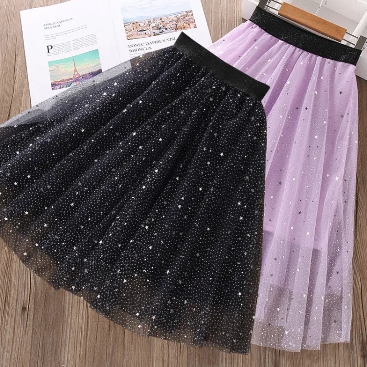

2019 Summer Star Glitter Soft Tulle Girls Tutu Skirt Pettiskirt Ankle Length Girls Skirts for 3-11Yrs Kids Mesh Ballet Skirts