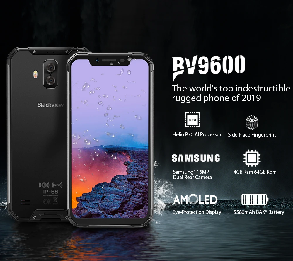 Blackview BV9600 Rugged IP68 Waterproof 4GB+64GB Mobile Phone Helio P70 Android 9.0 Smartphone 6.21