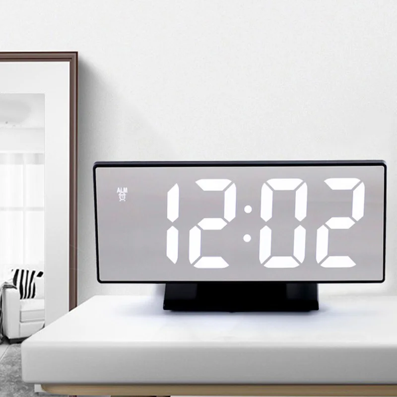 

HD LED Multifunction Clock USB Port Large Screen Silent Mirror Alarm Clock Home Decor Bedroom Desk Clock Night display