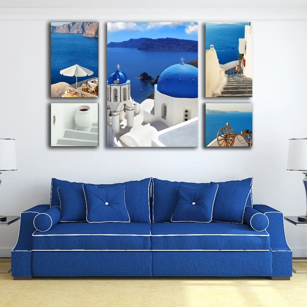 

5pcs in 1 Beautiful Santorini holiday Resort wall picture canvas painting MDF framed printing art hanging for home decorative