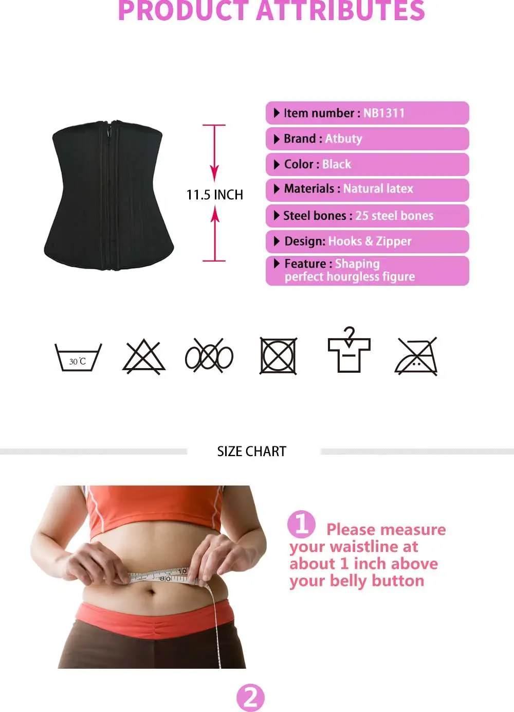NB1311-02 Atbuty Zipper and hooks Latex Waist Trainer 25 Steel boned Waist Cincher Corset Workout Slim Body Shaper Girdles (4)