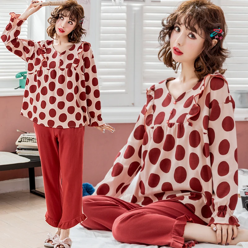 

Dot Printed Cotton Maternity Nursing Sleepwear Sweet Breastfeeding Nightwear Clothes for Pregnant Women Pregnancy Pajamas Suits