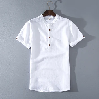 

2019 New Arrival Summer Men Shirts Short-Sleeved Collarless Tops Cotton Linen Solid White Slim Fit Breathable Casual Shirts Male