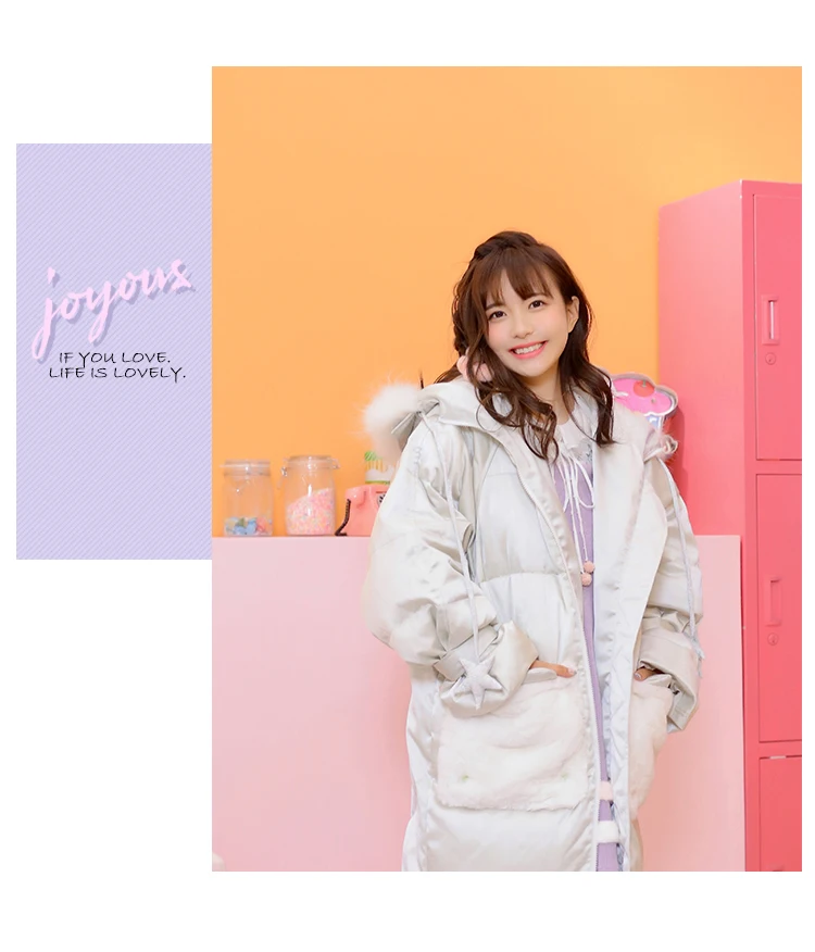 Милые парки в стиле Лолиты с меховым воротником из меха енота, свободные теплые длинные Сатиновые парки для женщин, 90 см, VC258