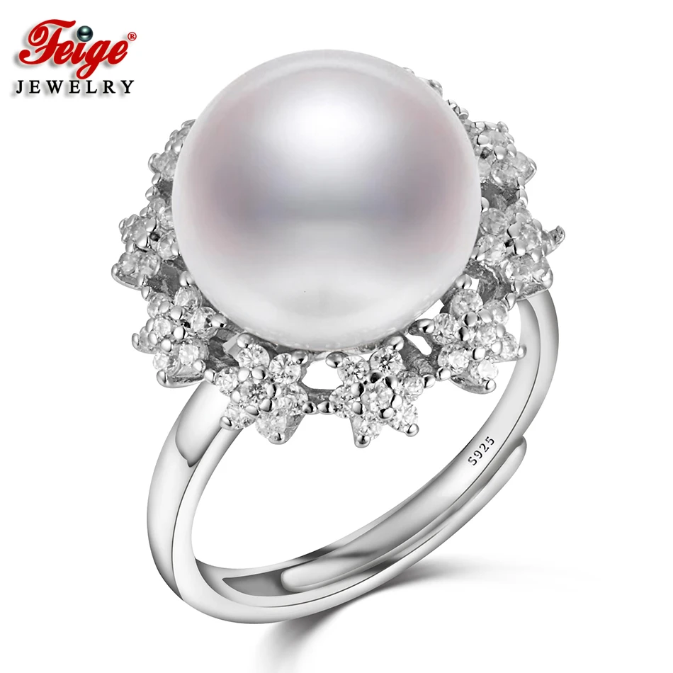 

Genuine 925 Sterling Silver Big Pearl Rings for Women Gifts 11-12MM Natural Freshwater Cultured Pearl Ring Wedding Jewelry FEIGE