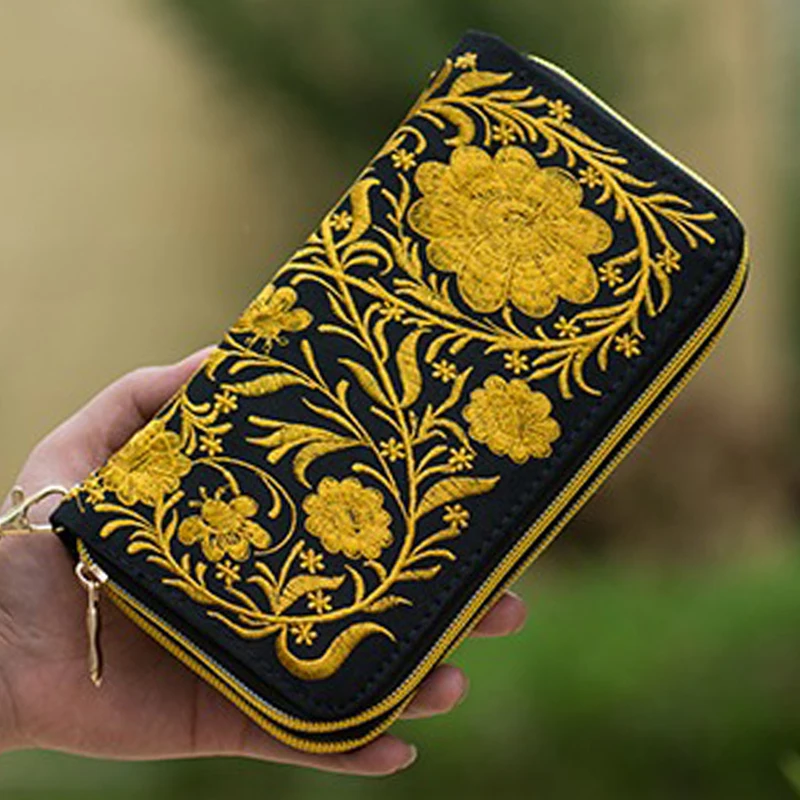 Кошелек с двойной молнией в китайском этническом стиле, сумочка ручной работы с цветочной вышивкой, маленький женский длинный кошелек в тайском стиле, Сумочка для телефона
