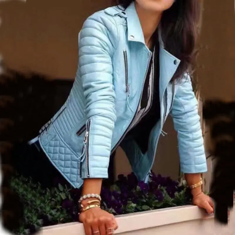 Baratos 2020 nueva moda mujer primavera otoño suave Faux cuero chaquetas Lady Motorcyle cremalleras Biker azul abrigos negro prendas de vestir exteriores gran oferta