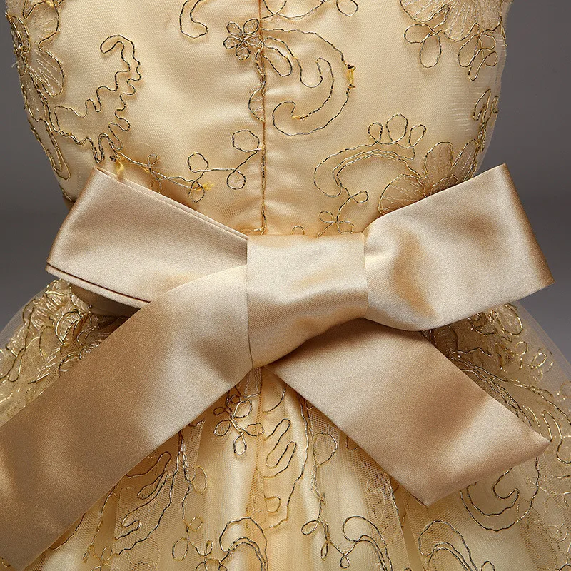 Новые Летнее платье принцессы Платье с бантом для девочки без рукавов золотая линия цветочный элегантное вечернее платье на крестины