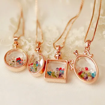 

High Quality Rose Gold Color Square Round Magic Wishing Perfume Multicolor Crystal Glass Bottle Pendant Necklace Jewelry