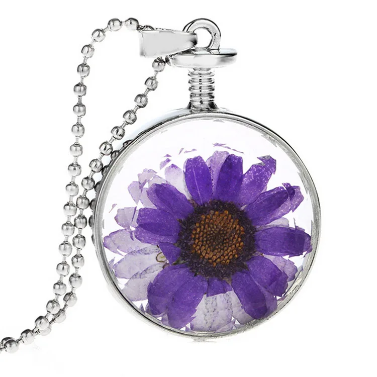 

1PC Silver Plated Dried Flower Pendant Necklace DIY Pressed Dried Botanical Chrysanthemum Necklaces & Pendants For Women