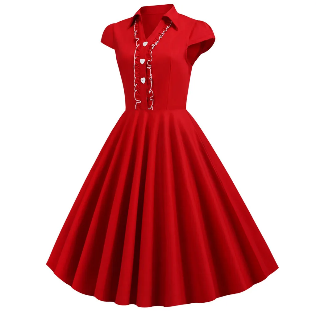 JAYCOSIN летнее винтажное платье для женщин с принтом и отложным воротником с коротким рукавом, однотонные красные миди платья повседневные женские платья 7 8