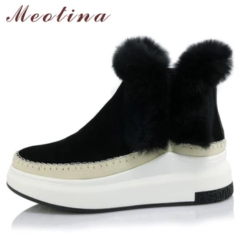 

Meotina Winter Women Natural Leather Shoes Ankle Boots Sewing Rabbit Fur Boots Platform Wedges High Heel Shoes Ladies Boots