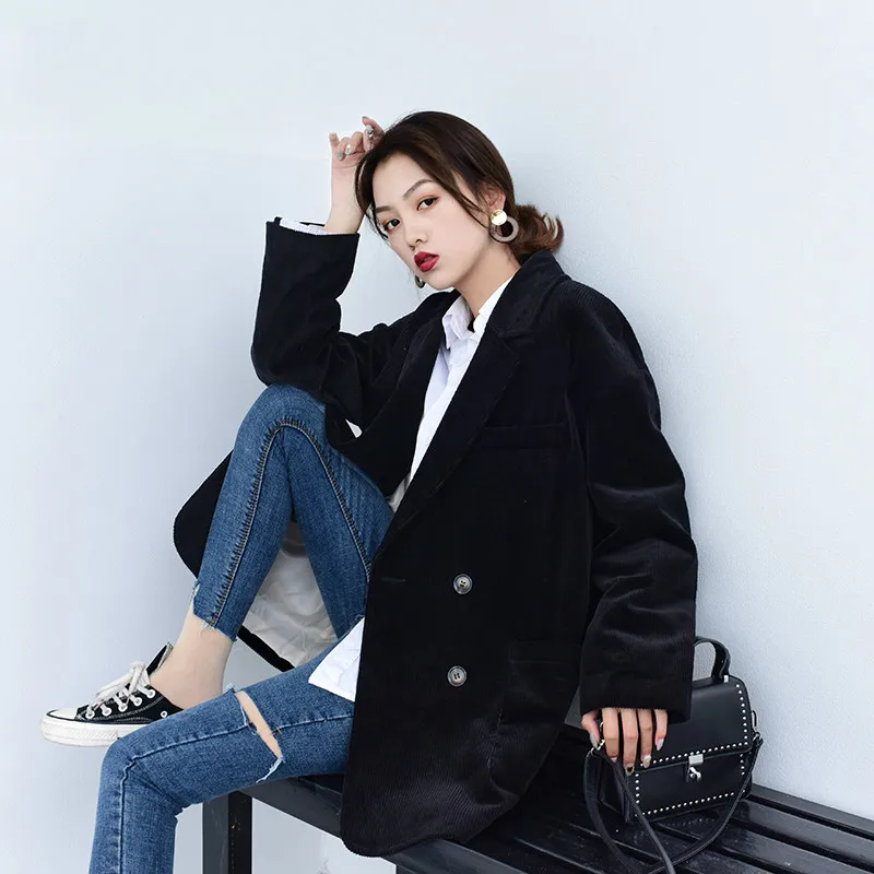 Женская куртка вельветовый Блейзер женская одежда корейские винтажные весенние женские пиджаки и куртки верхняя одежда OL костюм топы ZT2326 - Цвет: black