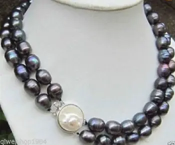 

new Style Hot sale***HOT 2row 9--10MM black BAROQUE south sea REBORN PEARL NECKLACE 17-18inch Fashion Wedding Party Jewellery