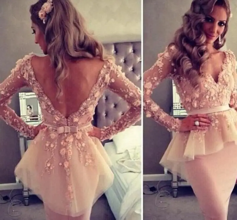 Myriam Fares Cocktail Dresses Sheath Deep V-neck Long Sleeves Flowers Appliques Elegant Homecoming | Свадьбы и торжества