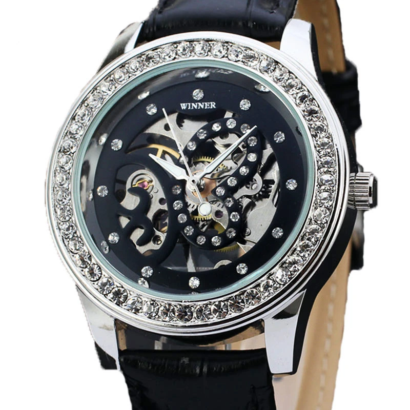 WINNER часы с кристаллами и бриллиантами Женские наручные часы механические часы с бабочкой под платье часы с кожаным ремешком женские часы подарок