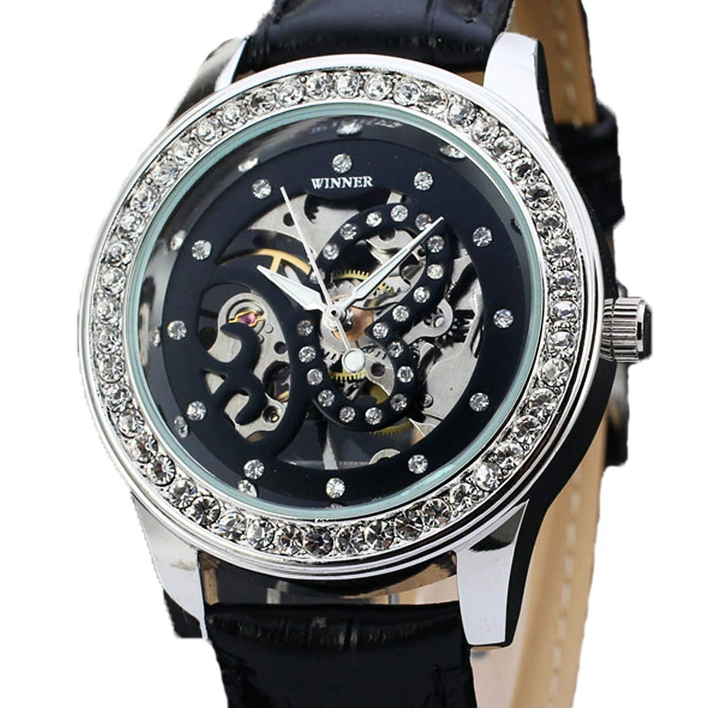 

WINNER Crystal Diamond Watches Women Wrist Watch Mechanical Hand Wind Butterfly Dress Watches Leather Strap Female Clock Gift