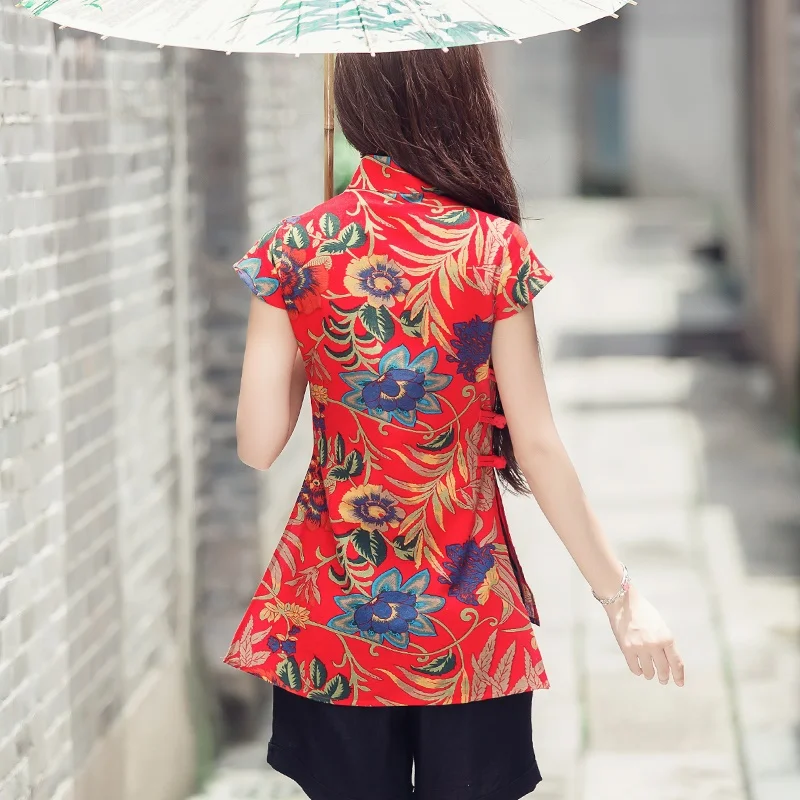Традиционная китайская блузка, рубашка, топы для женщин, воротник-стойка, Восточная льняная рубашка, блузка, Женский Элегантный Топ cheongsam TA932