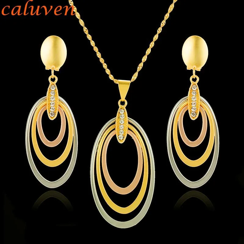 

Gold Color Jewelry Sets Ethiopian Rose white Yellow Nigerian Dubai Round with Stone Necklace Sets African Women's Gift CE058