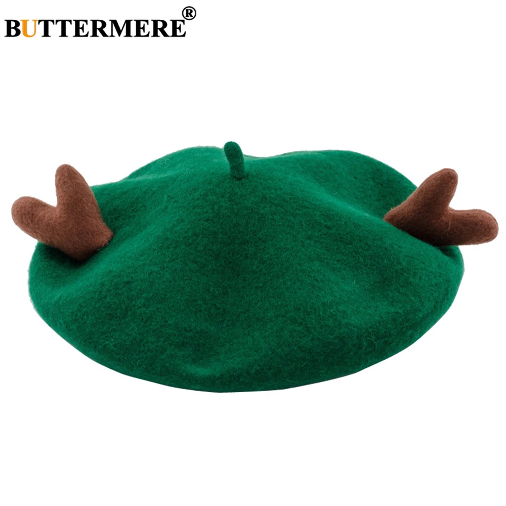 

BUTTERMERE 100% Wool Women Beret Hat Christmas Deer Horn Japanese Kawaii Beret Woolen Santa Green Berets Caps for Women