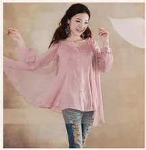Long Sleeve Chiffon Shirt 2017 Spring and Summer Fashion Fake Two Piece Loose Female Tops Solid Color Chiffon Blouses Cardigan