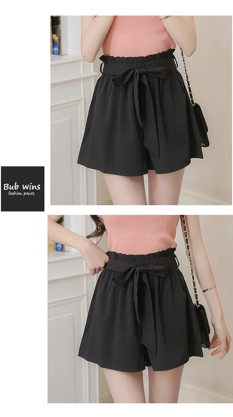 Summer Fashion Women Shorts High Waist Brown Chiffon Shorts Female Bow Elastic Waist Wide Leg Shorts Ladies Cortos Mujer 2018 (8)
