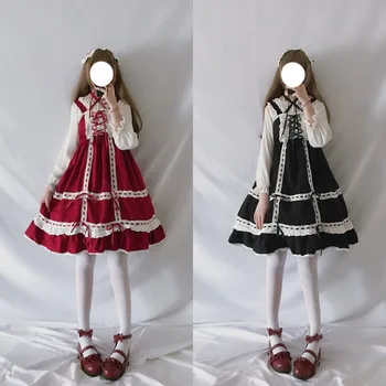 

Lolita Dress Sweet Cute Japanese Kawaii Girls Princess Maid Vintage Baby Doll Lace Red Green Black Women Summer Skirt Bow