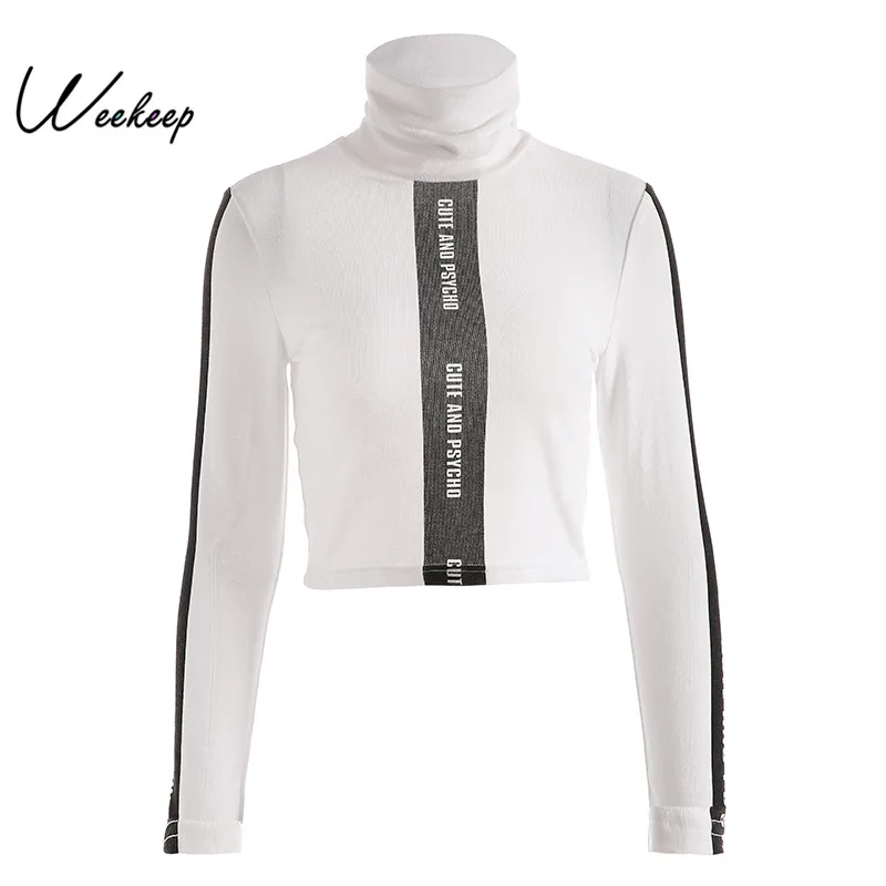 

Weekeep Women Bodycon Turtleneck t shirt Autumn Long Sleeve Letter Print tshirt White Cropped HIgh Street t-shirt