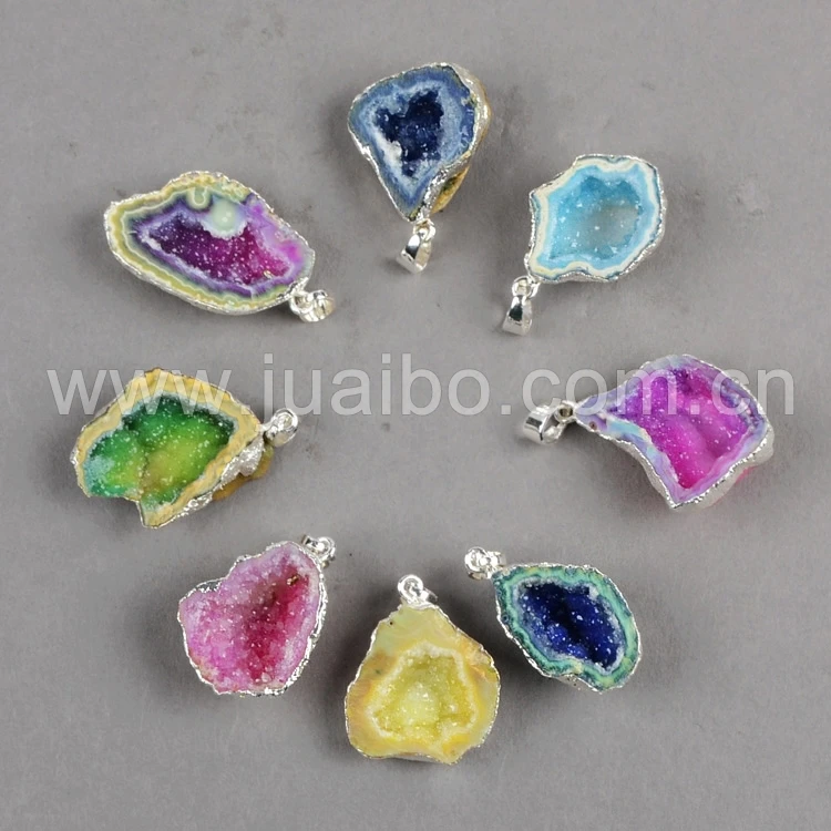 DIY Pendant Silver Electroplated Green Natural Geode Druzy Connector Jewelry 
