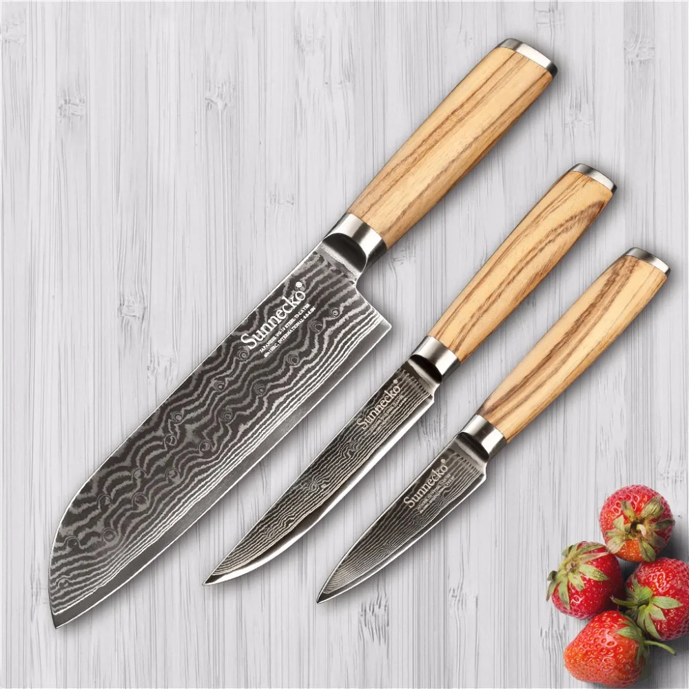 

2018 Sunnecko 3PCS Kitchen Knife Set Japanese Damascus Steel Cooking 7" Santoku 5" Utility 3.5" Paring Knives Sharp Tools Cutter